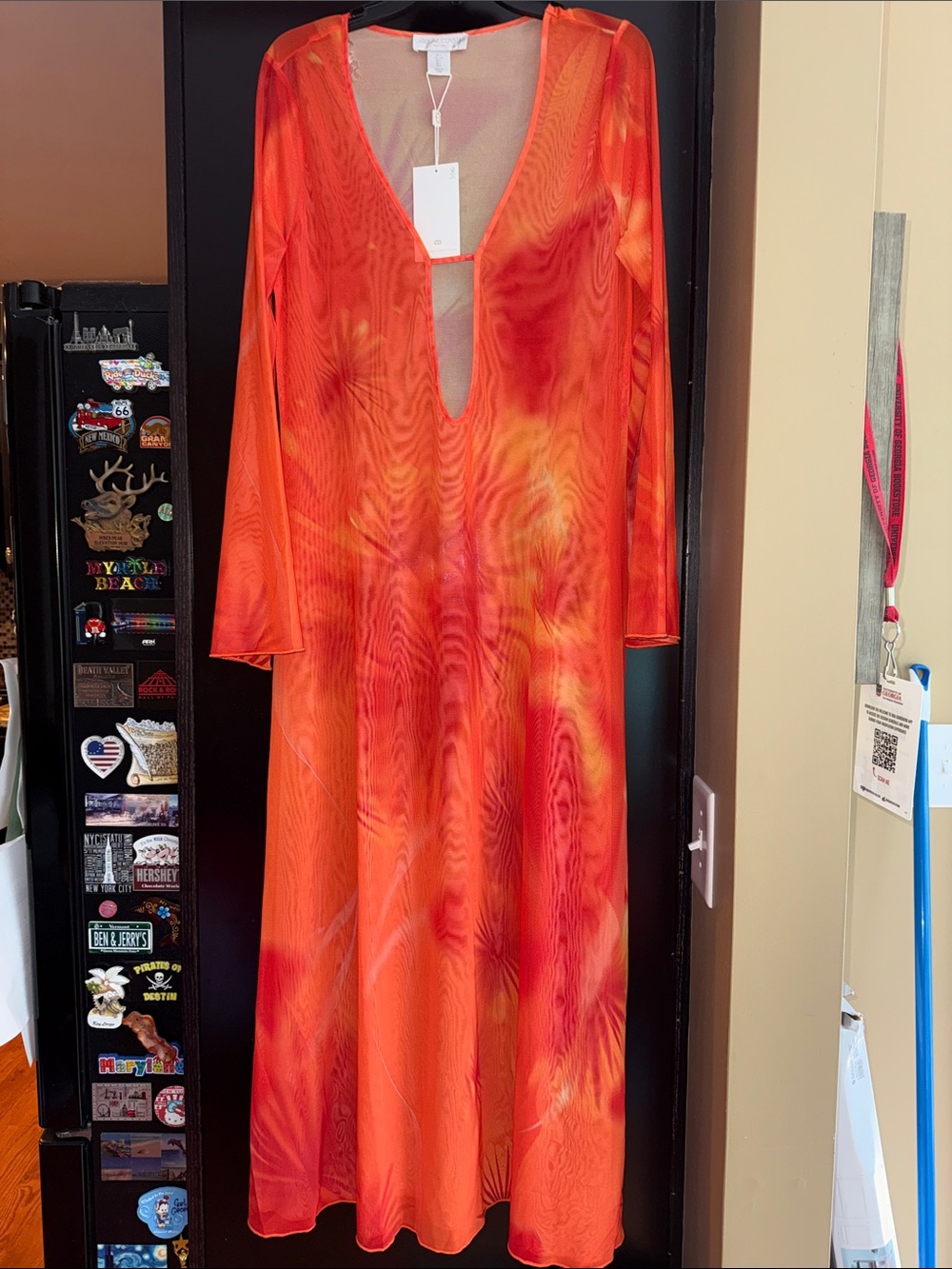 Caroline Constas Tie-Dye Long Sleeve V-Neck swim coverup Dress L